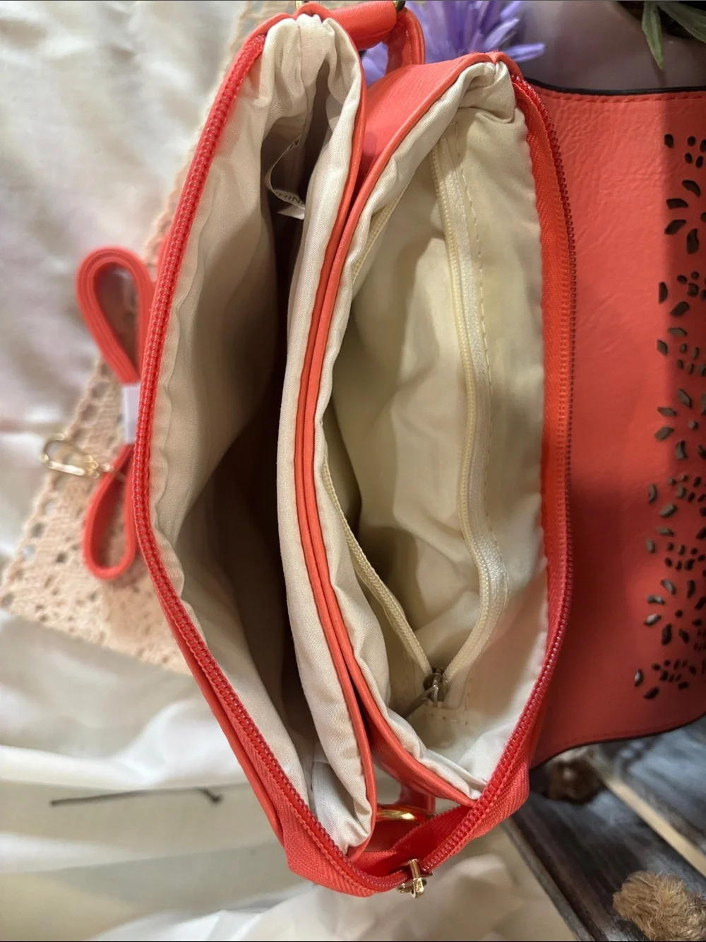 Coral Laser-Cut Crossbody Bag with Adjustable Strap